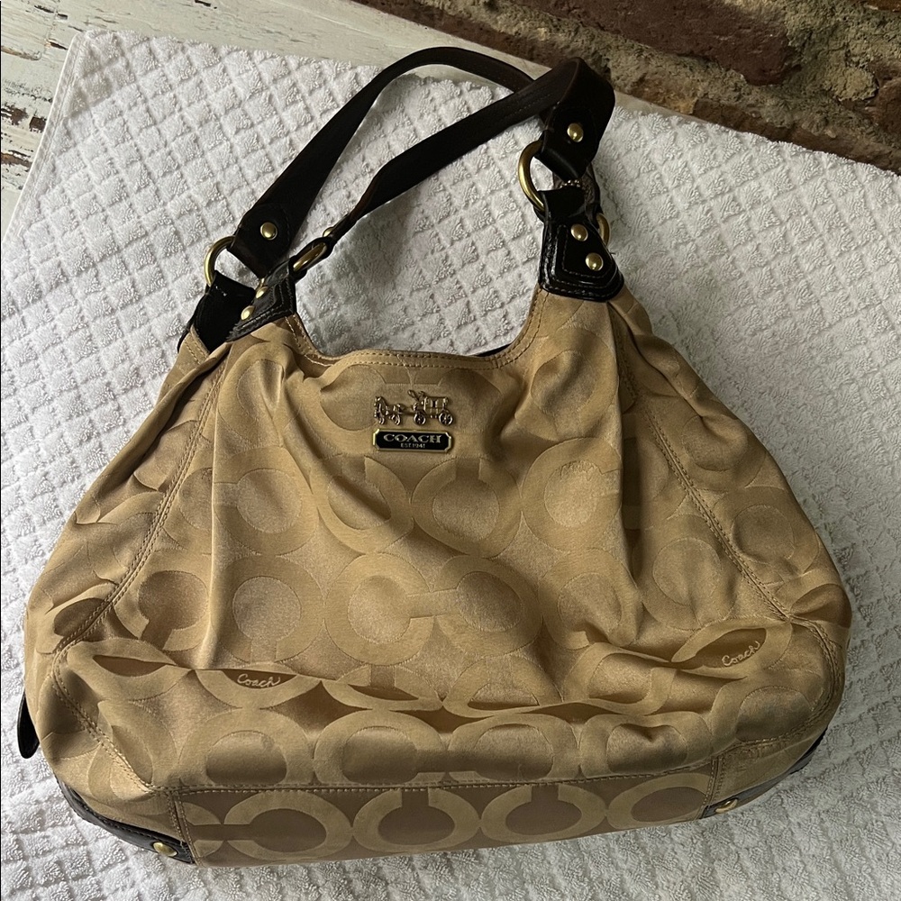 Coach Signature Large Sabrina Satchel Gold/Bronze Jacquard with leather trim